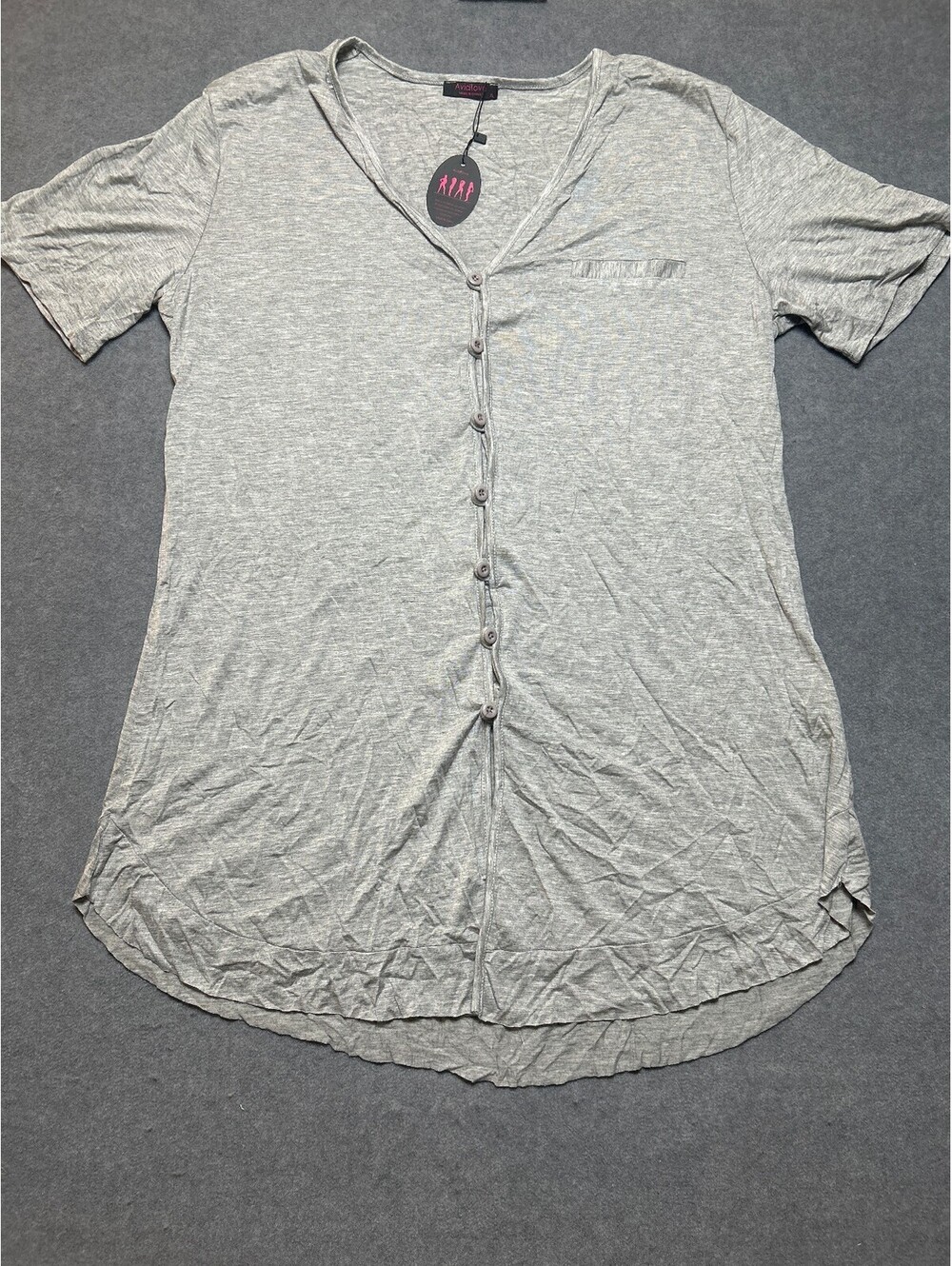 Avidlove Womens XL Gray Sleep Shirt Nightgown V Neck Button Short Sleeve NWT